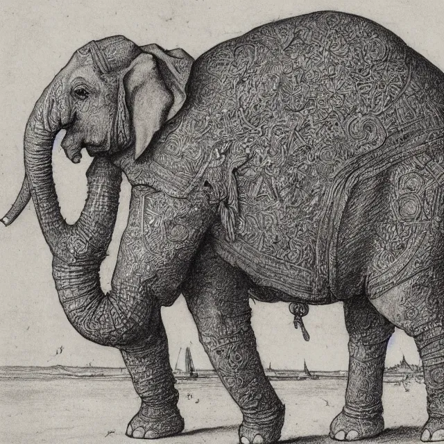 Prompt: a detailed, intricate drawing of a heavily armored elephant on a beach, by albrecht durer