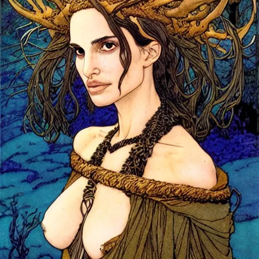 Image similar to a realistic, very beautiful and atmospheric portrait of a young natalie portman as a druidic warrior wizard looking at the camera with an intelligent but seductive gaze by rebecca guay, michael kaluta, charles vess and jean moebius giraud