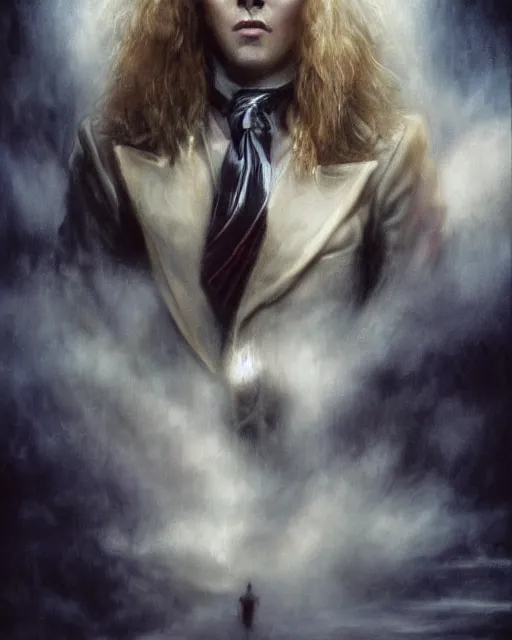 Prompt: alternate cover art for the movie interview with a vampire starring a long haired blonde tom cruise as lestat de lioncourt portrait, face centered portrait, confident, unused design, nightmare world, fog, rain, volumetric lighting, realistic illustration, perfectly shaded, soft painting, art by krenz cushart and wenjun lin