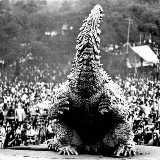 Prompt: a human sized Godzilla performing on stage at Woodstock, photo