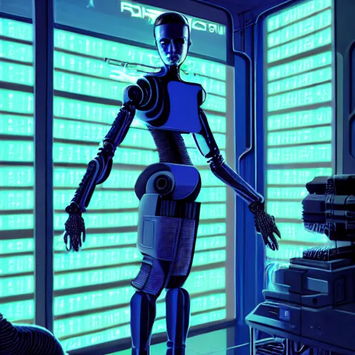 Image similar to hyperrealism stock photography of highly detailed stylish humanoid robot in cyberpunk sci - fi cyberpunk style by gragory crewdson and vincent di fate with many details by josan gonzalez working at the highly detailed data center by mike winkelmann and laurie greasley hyperrealism photo on dsmc 3 system rendered in blender and octane render