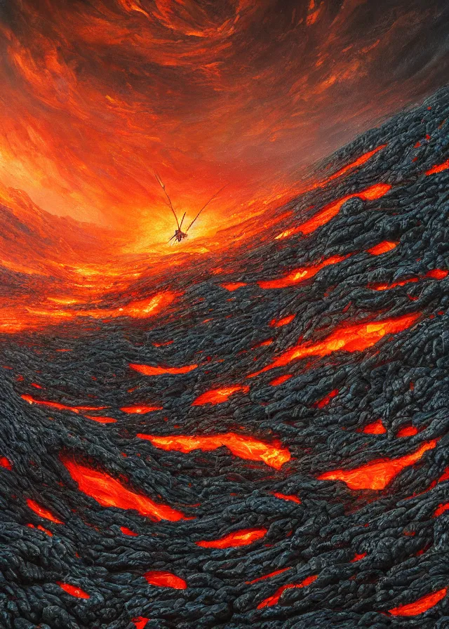 Prompt: a swarm of insects, lava field, extremely detailed oil painting, extremely detailed oil painting, unreal 5 render, digital art, landscape painting, octane render, beautiful composition, trending on artstation, award winning photograph, masterpiece