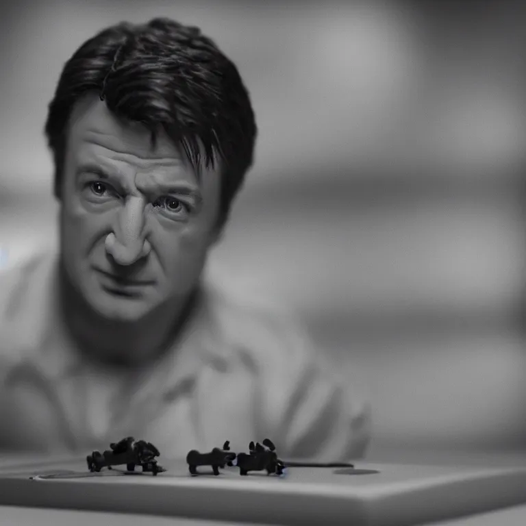 Image similar to a cinematic film still of a claymation stop motion film starring nathan fillion, shallow depth of field, 8 0 mm, f 1. 8