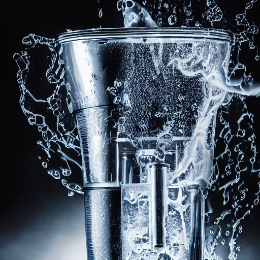 Image similar to dslr photo of a blender full of water, tornado inside of blender, full bodied portrait, very high quality, intricate details, extremely high quality, moody lighting, real camera, real photo, 8 k, full subject in shot, commercially ready