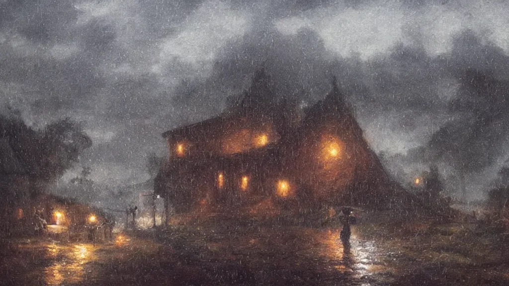 Prompt: tristram, village,rain,night, diablo,