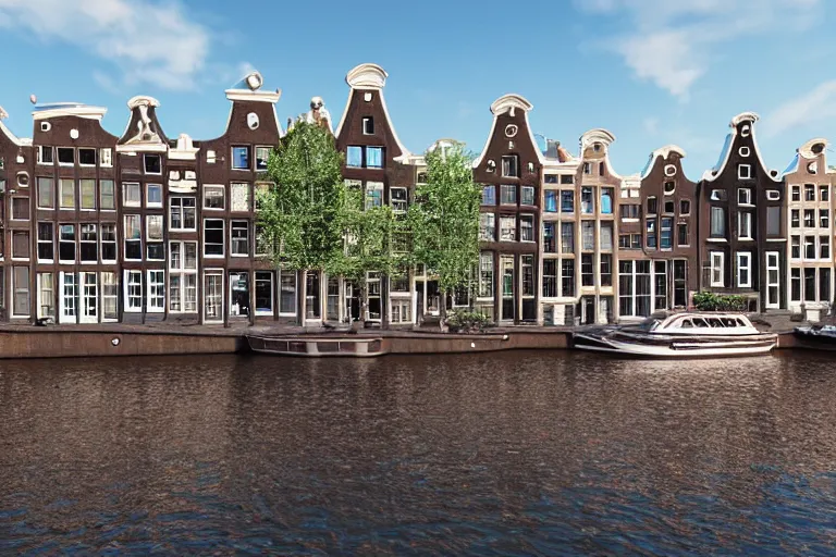 Image similar to view of houses in amsterdam, with water and boats, photography, 3 5 mm, hyper realistic, 8 k, unreal engine, hyper realistic illustration 8 k happy lighting