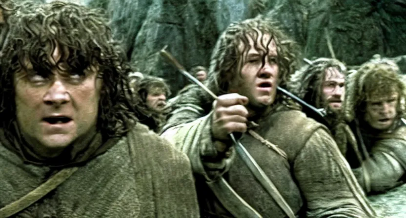 Prompt: screenshot from the fellowship of the ring when swat team fbi cia special forces raided a hobbit hole