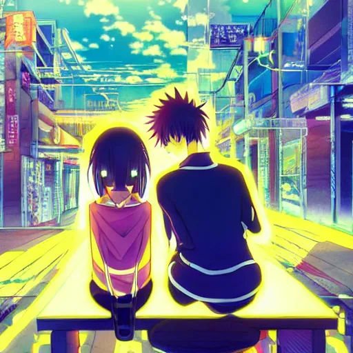 Prompt: Beautiful anime girl is staring off into the distance pondering life while he’s sitting behind her is crumbling in neon, award-winning anime art, extremely detailed, surreal