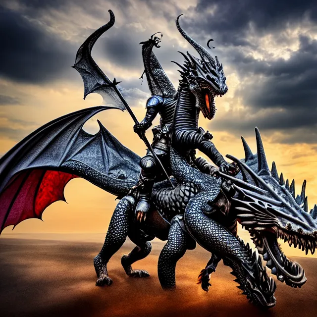 Prompt: knight riding a dragon, highly detailed, 8 k, hdr, smooth, sharp focus, high resolution, award - winning photo