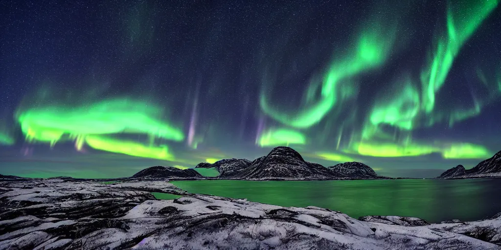 Image similar to a beautiful landscape photo in northern Norway by a famous landscape photographer, night sky with stars and green northern lights, long exposure, wide angle lens, rule of thirds