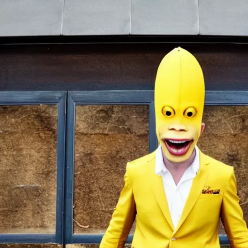 Image similar to banana head, a man wearing a suit banana head