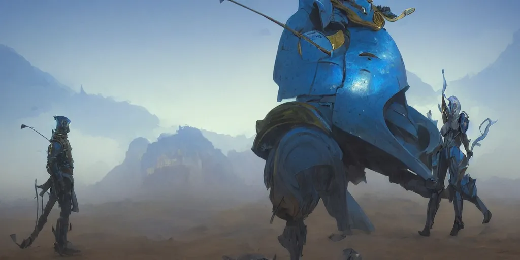 Image similar to blue and gold knight in desert standing next to green car, misty blue hour, sci fi digital painting, unreal engine 5, photorealism, hd quality, 8 k resolution, cinema 4 d, 3 d, cinematic, professional photography, art by artgerm and greg rutkowski and alphonse mucha and loish and wlop, berserk, manga