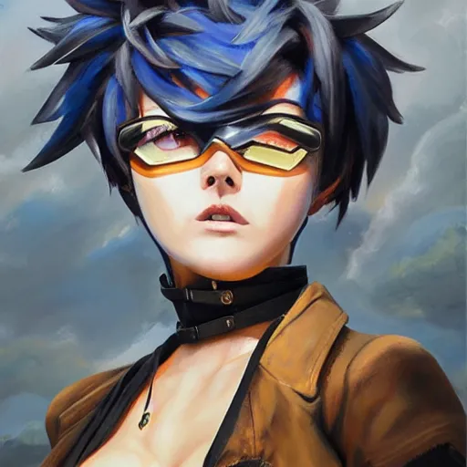 Image similar to oil painting of tracer overwatch in a field wearing thick spiked collar around neck, in style of mark arian, expressive face, wearing choker, large steel collar, steel choker, wearing collar on neck, detailed face, detailed eyes, full body, feminine face, tracer overwatch,