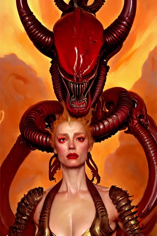 Image similar to painted close - up portrait of a very attractive red - skinned intimidating demon xenomorph queen with ram horns! oil painting, wearing a noblewoman's outfit, fantasy art by john singer sargent and gaston bussiere and james jean and greg rutkowski, demon noble character design, hd