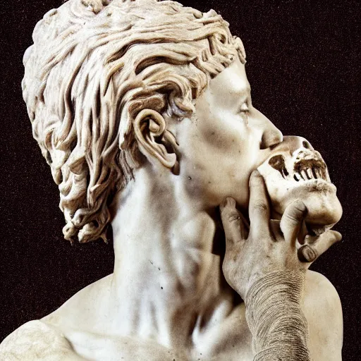 Image similar to greek or roman sculpture in marble of a philosopher holding a skull, in a museum background, hyperrealistic photograph in the style of bernini, golden hour