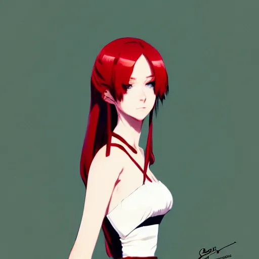 Prompt: elegent girl with red hair and green eyes, wearing a white dress, red and black color palette, in the style of and ilya kuvshinov and greg rutkowski, high quality anime artstyle, intricate