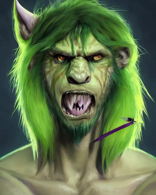 Prompt: A head and shoulder portrait of a Dungeons and Dragons bugbear with green hair and purple eyes he looks angry at his knife by Greg Rutkowski, Sung Choi, Mitchell Mohrhauser, Maciej Kuciara, Johnson Ting, Maxim Verehin, Peter Konig, final fantasy, 8k photorealistic, cinematic lighting, HD, high details, dramatic, epic atmosphere, trending on artstation