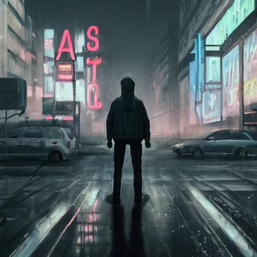 Image similar to A tall slender man in a techwear outfit, high quality, digital art, dire cyberpunk city, gray sky, neon signs in background, greg rutkowski