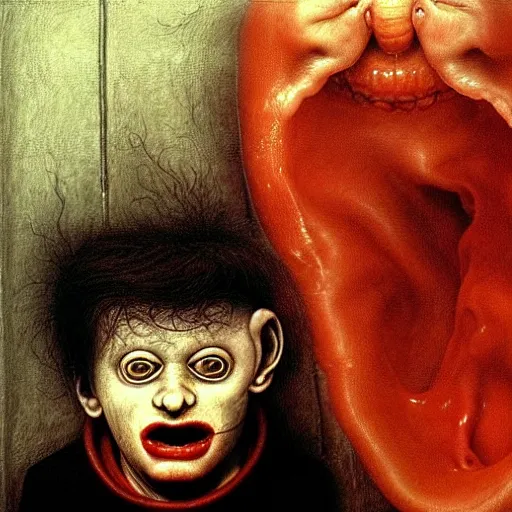 Image similar to a boy like eraserhead and elephant man sitting in a tub full of tomato sauce, looking straight into camera, screaming in desperation, by giuseppe arcimboldo and ambrosius benson, renaissance, fruit, intricate and intense oil paint, a touch of beksinski and hr giger and edward munch, realistic