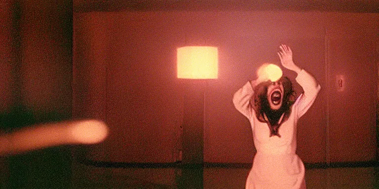 Prompt: photorealistic wide two shot cinematography of a beautiful woman screaming at a giant floating eyeball in the style of the twilight zone, shot on film at magic hour with the sun shining into a large 6 0's hotel lobby room filled with volumetric haze by the shining cinematographer john alcott on a cooke panchro 1 8 mm lens.