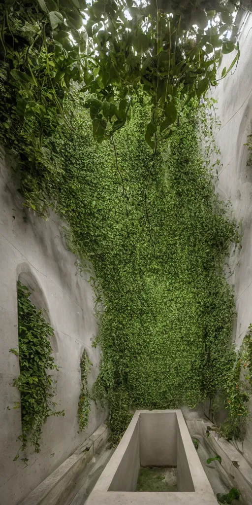 Prompt: photo inside underground cistern by andrew kudless. the space is crowded with visitors. architectural photography. 4 k, 8 k. volumetric lighting. structural vaults. thin columns support roof. ivy and many plants hanging from ceiling, white concrete floor.