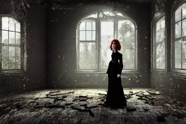 Image similar to A ghostly woman in a long, black victorian dress, standing in the middle of a ruined, abandoned, polish mansion kitchen, seen from inside. Pitch black darkness, A strong red keylight is the only lightsource. Smoke. Dirt, leaves on ground. Octane render. Substance painter. Zbrush. Trending on artstation. 8K. Highly detailed.