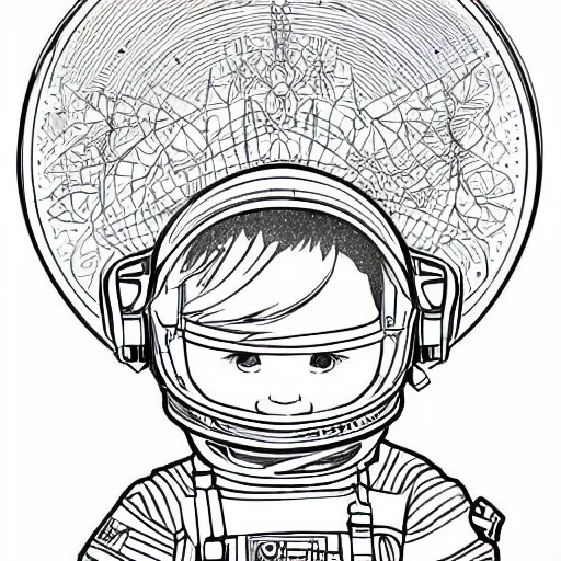 Image similar to clean simple line art of a cute little boy with short straight hair. he is dressed as an astronaut. no background. well composed, clean coloring book page, beautiful detailed face. coloring book line art by artgerm and greg rutkowski and johanna basford and alphonse mucha