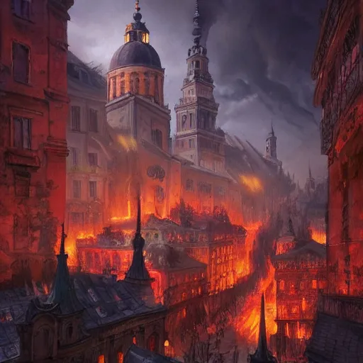 Image similar to lviv downtown in hell, inferno, witches, demons, panorama, highly detailed, full body, digital painting, trending on artstation, concept art, sharp focus, illustration, art by artgerm and greg rutkowski and magali villeneuve