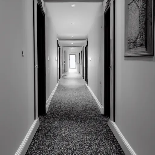 Image similar to photograph of empty hallway, sigma 3 0 mm, f / 2. 8, 8 k, high detail, decorative walls, open door on left letting light through.