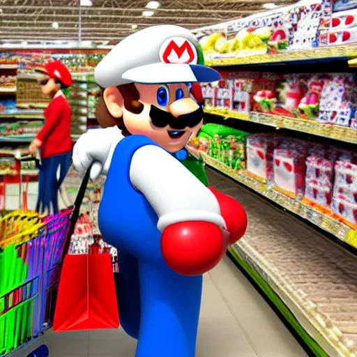 Prompt: Super Mario shopping in Tesco, photograph, photorealistic, picture, supermarket, store