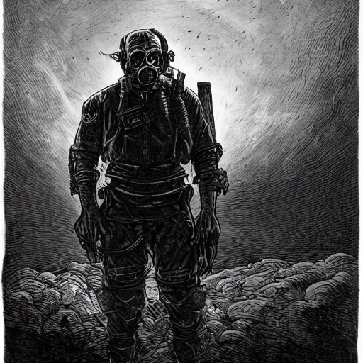 Image similar to Fallout, soldier with a gasmask, dark clouds, fire, burning, dark, eerie, night, dystopian, city, eldritch, illustration by Gustave Doré