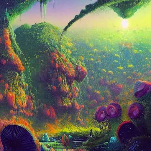 Prompt: beautiful illustration of a lush natural scene on an alien planet by paul lehr. science fiction. extremely detailed. beautiful landscape. weird vegetation. cliffs and water.