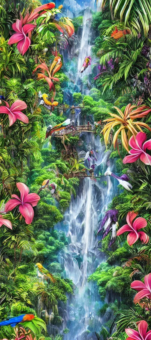 Image similar to cascading concept art of an exotic garden with waterfall pools, macaw parrots flying, flowers and palm trees, plumeria, detailed, highly detailed, aesthetic, realistic, hyper realism, colorful, in depth, intricate,