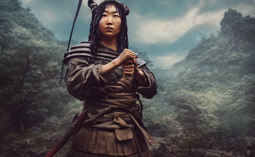 Image similar to highly detailed 3 d render of native japanese woman shinobi warrior standing in wet japanese village from sengoku period, surrounded by dense rock formations, high in mountains, blue night, cinematic lighting, photobash, raytracing, high contrast