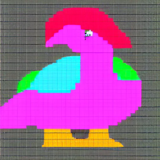 Prompt: pixel art chicken with a pink flamingo floatie around it