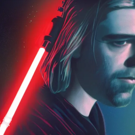 Prompt: a dreamy film still of Kurt Cobain in star wars Holding a Lightsaber, Moebius, Greg Rutkowski, Zabrocki, Karlkka, Jayison Devadas, Phuoc Quan, trending on Artstation, 8K, ultra wide angle, zenith view, cyberpunk pincushion lens effect