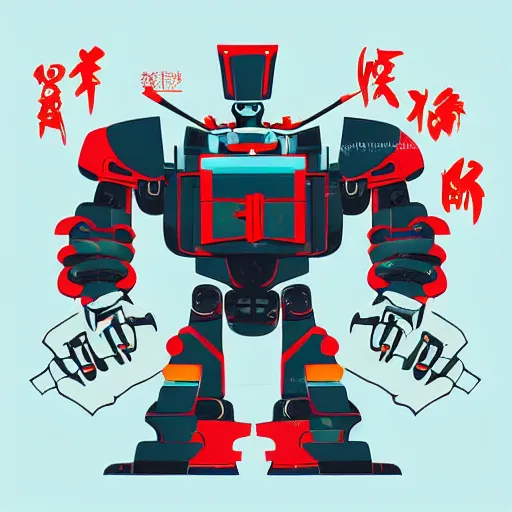 Image similar to giant samurai robot fighting a kaiju over tokyo city modern flat design style illustration with line elements