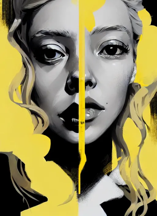 Image similar to highly detailed closeup portrait of beautiful portia doubleday, blonde wavy hair, angela moss, white suit by atey ghailan, by greg rutkowski, by greg tocchini, by james gilleard, by joe fenton, by kaethe butcher, gradient yellow, black and white color scheme, grunge aesthetic!!! ( ( graffiti tag wall background ) )