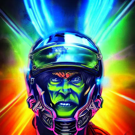 Prompt: psychedelic blacklight neon airbrush artwork, motorcycle, hyper stylized cinematic action shot of an orc in battle armor racing on a motorcycle, menacing orc, drifting, skidding, wheelie, clear focused details, soft airbrushed artwork, black background, post apocalypse, cgsociety, artstation