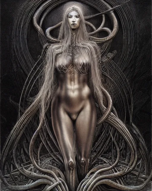 Image similar to a 3/4 view of a Norse goddess highly detailed, digital art, in the style of Ayami Kojima, Zdzislaw Beksinski, H. R. Giger