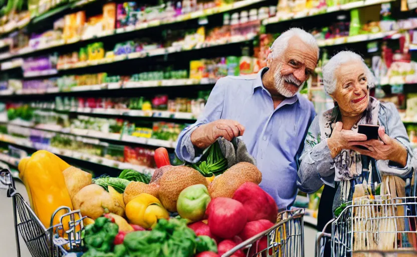Prompt: old italian couple in a grocery shop, scanning items with smartphone, hold up smartphone, smartphone displays qr code, shopping carts full of groceries, close - up, extremely detailed photo, great composition, advertisement photo by letizia battaglia