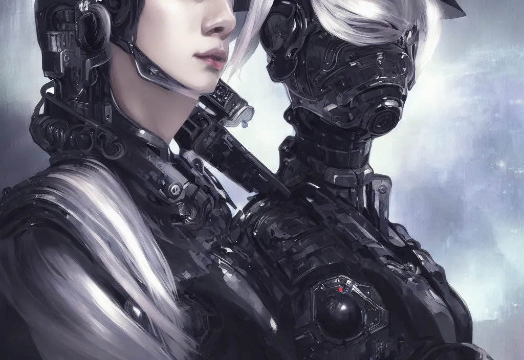 Image similar to portrait holy medium grey hair of futuristic police girl, black armored uniform, at futuristic cyberpunk tokyo night, ssci - fi and fantasy, intricate and very very very beautiful, highly detailed, digital painting, artstation, concept art, smooth and sharp focus, illustration, art by tian zi and wlop and alphonse mucha