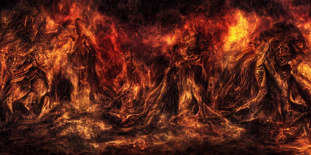 Image similar to digital art, hell, dark and burning full of huge pyres with the bodies of sinners, above hell is our world full of people slaves to machines, robots and technology, and above this world is heaven, empty, with angels looking at the other two worlds crying sadly while god is asleep on a golden throne, ultra detailed and realistic, scary