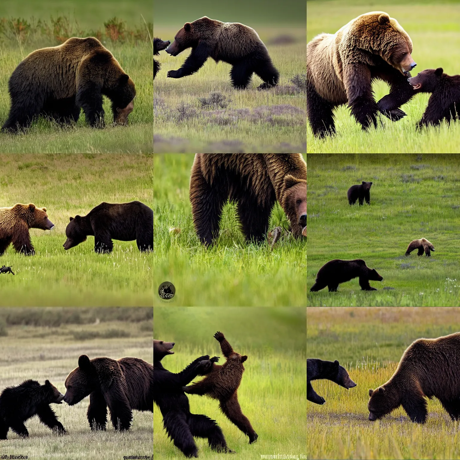 Prompt: a large black spider fighting a grizzly bear in a meadow, wildlife photography