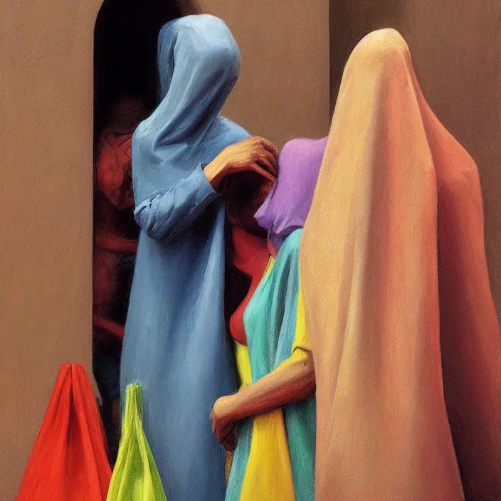 Image similar to colorful women hugging with a paper bag over the head, dressed in plastic bags, inside cathedral, highly detailed, artstation, art by , edward hopper, zdislav beksinski, wayne barlowe