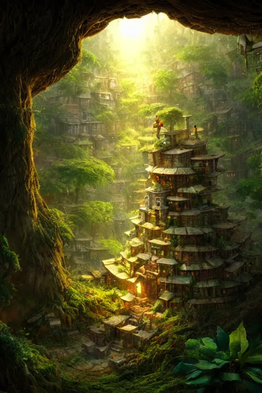 Image similar to a miniature city built into the trunk of a single colossal tree in the forest, with tiny people, in the style of craig mullins, lit windows, close - up, low angle, wide angle, awe - inspiring, highly detailed digital art