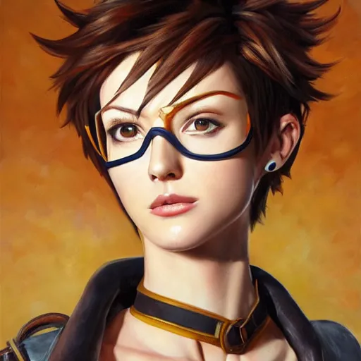 Image similar to oil painting of tracer overwatch in a field wearing large leather belt choker around neck, in style of mark arian, expressive face, detailed face, detailed eyes, full body, feminine face, tracer overwatch,