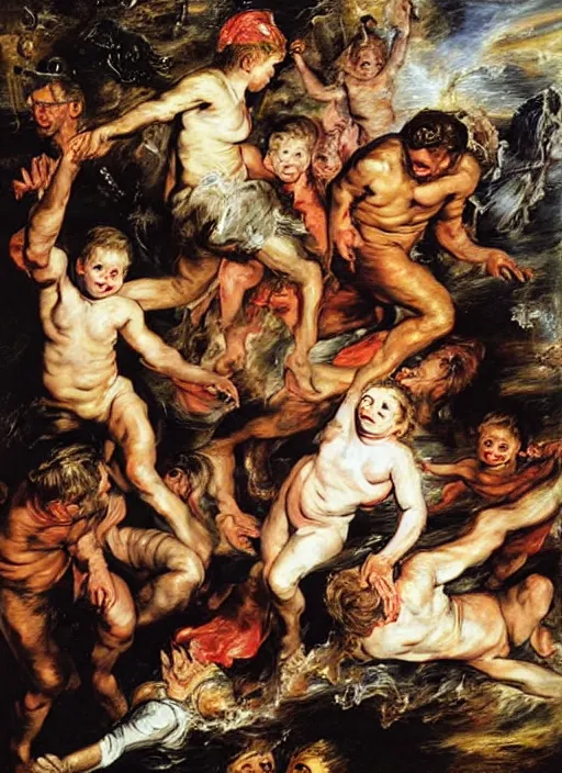 Image similar to adventure playground accident, adventure playground accident, adventure playground accident, oil on canvas by peter paul rubens. style fall of the damned by peter paul rubens