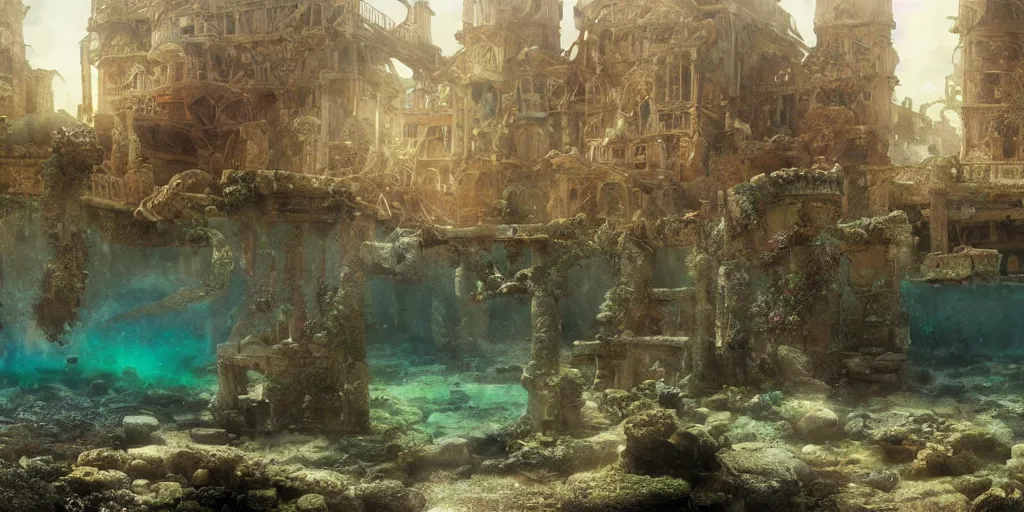 Image similar to hyper realist matte digital painting of an abandoned underwater city, ancient ruins, underwater photography, jugendstill, floating in water, bubbles rising, seaweed, fairytale, fantasy art, photo realistic, dynamic lighting, artstation, volumetric lighting, by mucha, by alma tadema