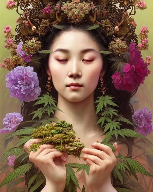 Image similar to portrait of goddess gaea, flowery face, upper body, decorated with cannabis flowers, traditional chinese art, intricate, elegant, highly detailed, digital painting, artstation, concept art, smooth, sharp focus, illustration, art by artgerm and greg rutkowski and alphonse mucha, 8 k